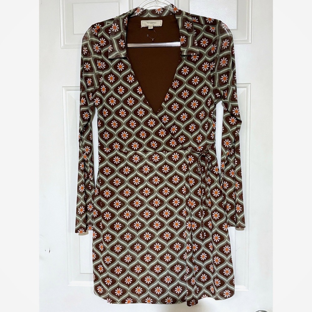 No Comment Y2K Mesh Floral Wrap Dress Size‎ L Daisy Geometric Boho Chic Retro